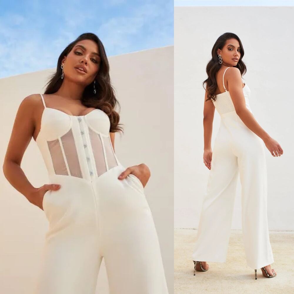 Lavish Alice Sheer Front Corset Wide Leg Jumpsuit White Night Out Size 2 NWT